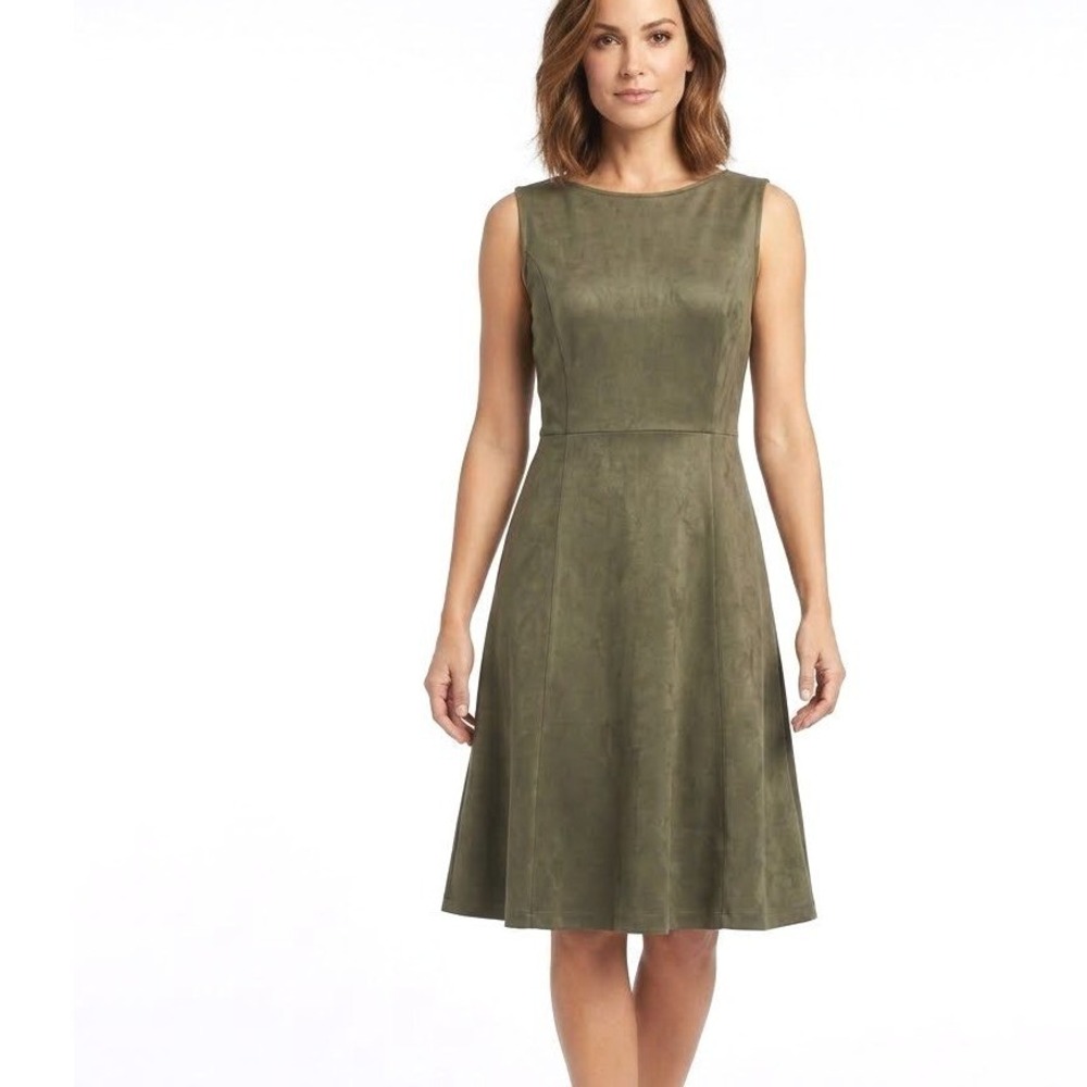 Philosophy Republic Clothing Olive Green Faux Suede A-Line Midi Dress | Size 12